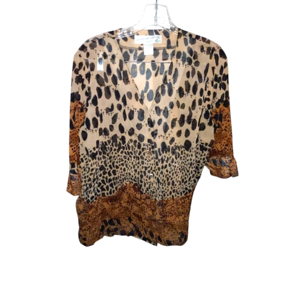 Pineapple Moon Vintage Sequin Brown and Cream Graphic Relaxed Blouse Size Large